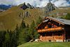 Bauernhaus Khe in Alpenlandschaft Gotschaunalm grnes Bergland unter Felsenspitzen
