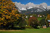 006107_Going am Wilden Kaiser Herbstblick auf Ferienort Huser in Natur unter felsigen Bergmassiv