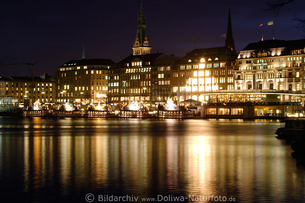 Hamburg night-lights romantic city image advent time mood photo christmas market on lake shore