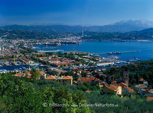 La Spezia bay port photo in sunlight blue skyline ligurian riviera sea-coast 