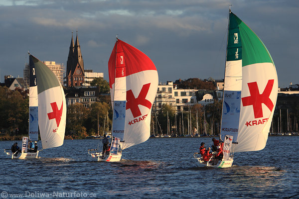 Sailrace waterscape photo colorful sailboats skipper in wind on Alsterlake in Hamburg