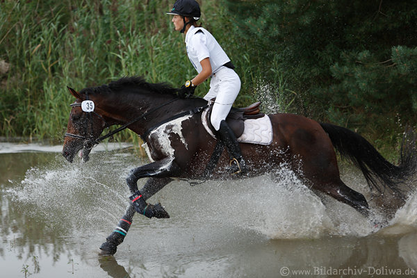 Watercross rider photo horseman in water-squirts jump movement picture action dynamic in nature terrain