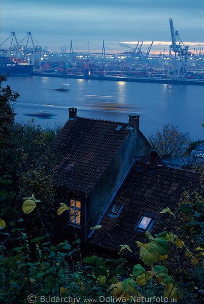 Elbe containerharbor house window light at foggy dawn twilight mood