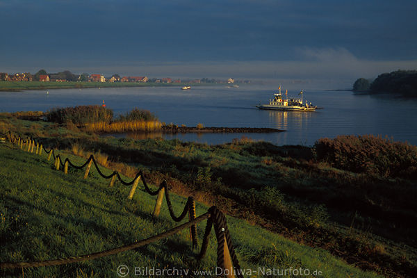 erry barge ships on Elba river twilight morning foggy waterscape