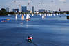 Sailboats under balloons flying over lake Alster photo Hamburg city picture with kayak canoe sailors