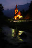 Ramsau church nightly lights-mood romantic photo at river-bridge water